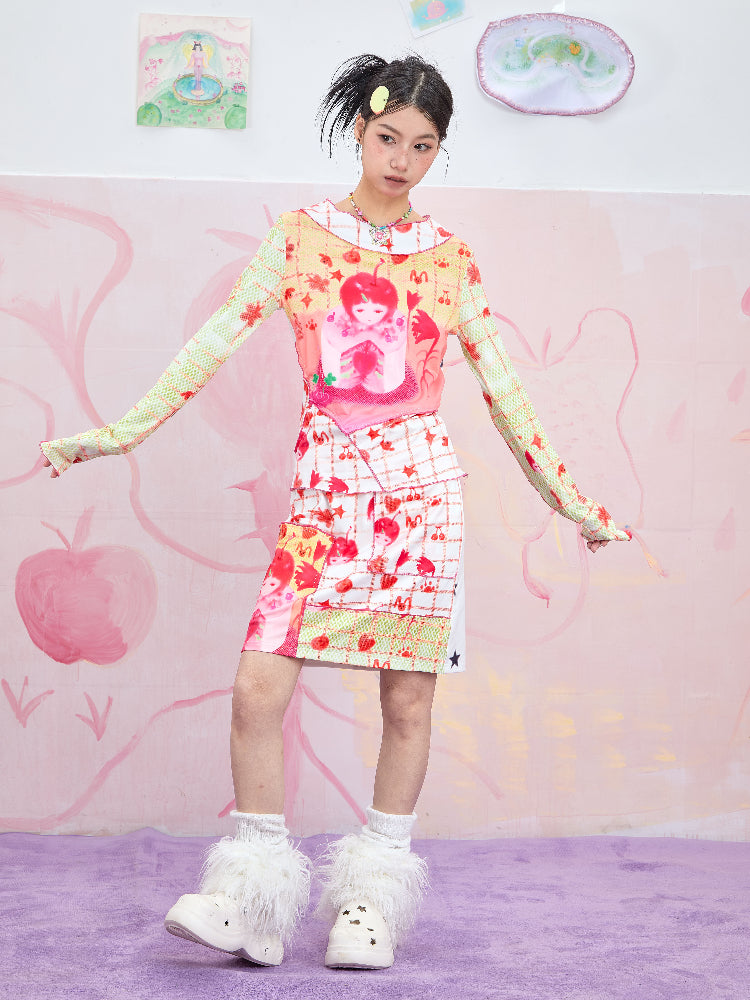 Moon Meadow – Y2K Mesh Cartoon Print Slim Top & Skirt Set set Moon Meadow