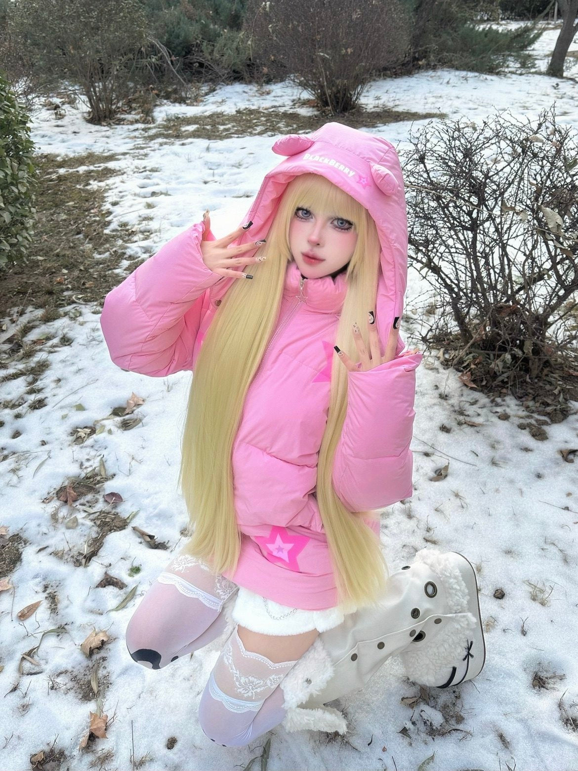 BlackBerry - Pink Bear Hood Y2K Puffer Jacket jacket BlackBerry