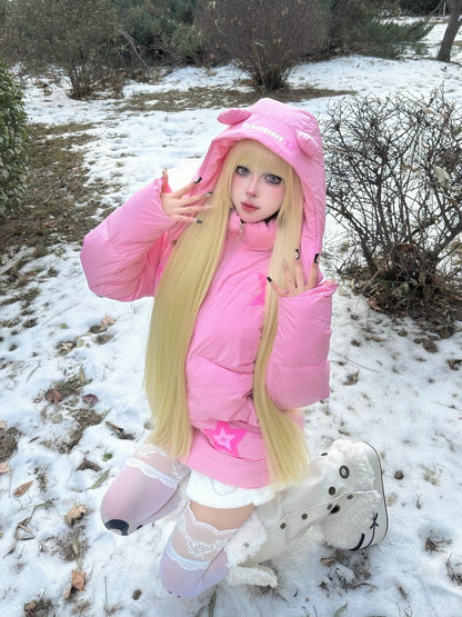 BlackBerry - Pink Bear Hood Y2K Puffer Jacket jacket BlackBerry