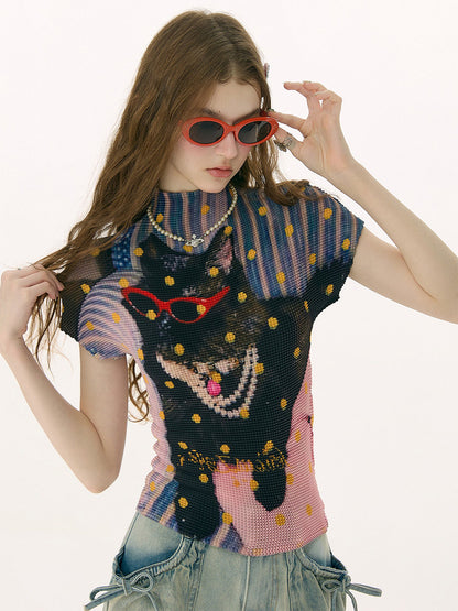 ziziFei - Polka Dot Party Cat Graphic Ruffle Tee tshirt ziziFei