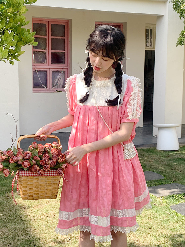 Mameya - Kawaii Pink Lace Puff Sleeve High Waist Dress Short Sleeve dress Mameya