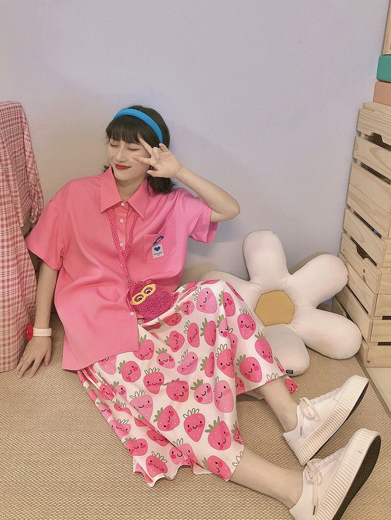 KURIOSITAET – Strawberry Print Pink Skirt skirt KURIOSITAET