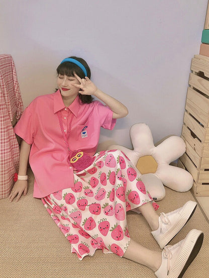 KURIOSITAET – Strawberry Print Pink Skirt skirt KURIOSITAET