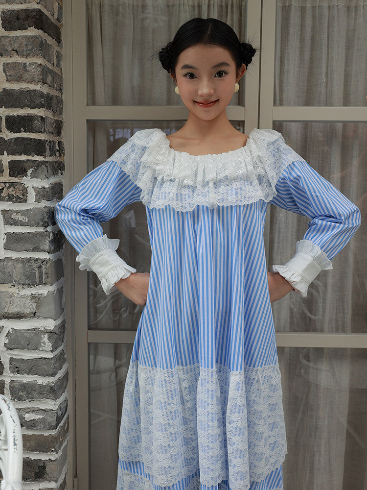 Nanjun Vintage - Blue Stripe Lace Princess Maxi Dress dress Nanjun Vintage