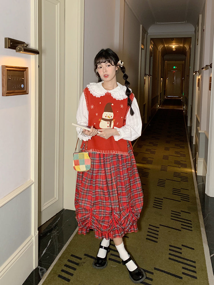 Mameya - Kawaii Snowman Knit Vest Red vest Mameya