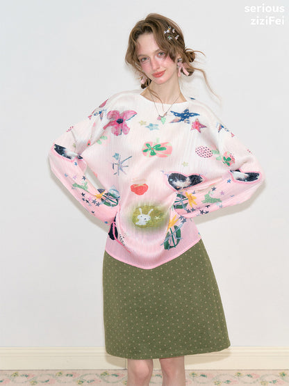 ziziFei - Pink Y2K Graphic Pleated Long Sleeve Top shirt ziziFei
