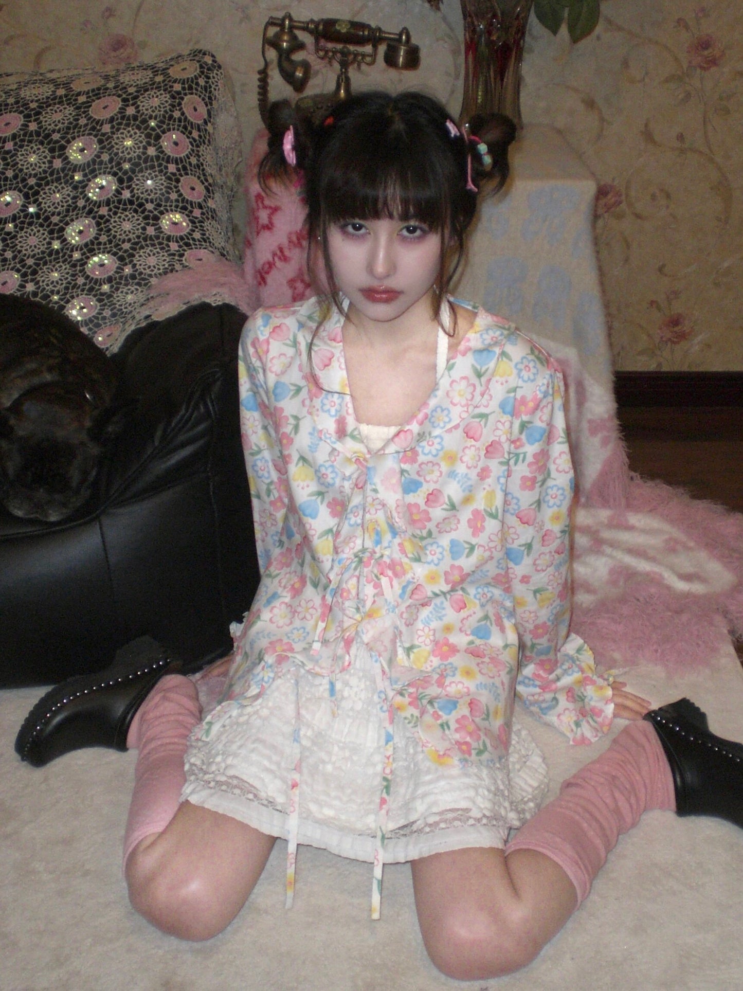 HIBABAO - Floral Ruffle Tie Cardigan Shirt shirt HIBABAO