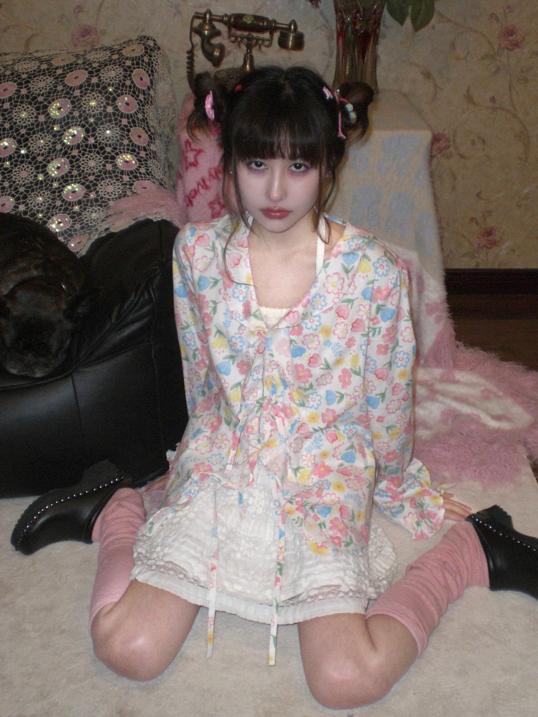 HIBABAO - Floral Ruffle Tie Cardigan Shirt shirt HIBABAO