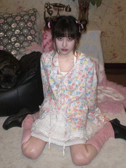 HIBABAO - Floral Ruffle Tie Cardigan Shirt shirt HIBABAO