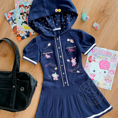 Bunny Planet - Navy Embroidered Hooded Pleated Dress dress bunnyplanet S