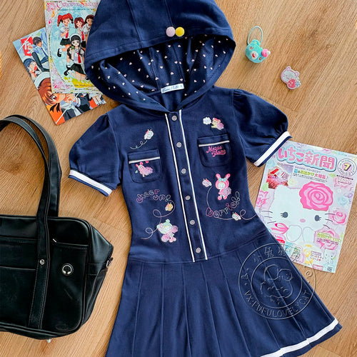 Bunny Planet - Navy Embroidered Hooded Pleated Dress dress bunnyplanet S