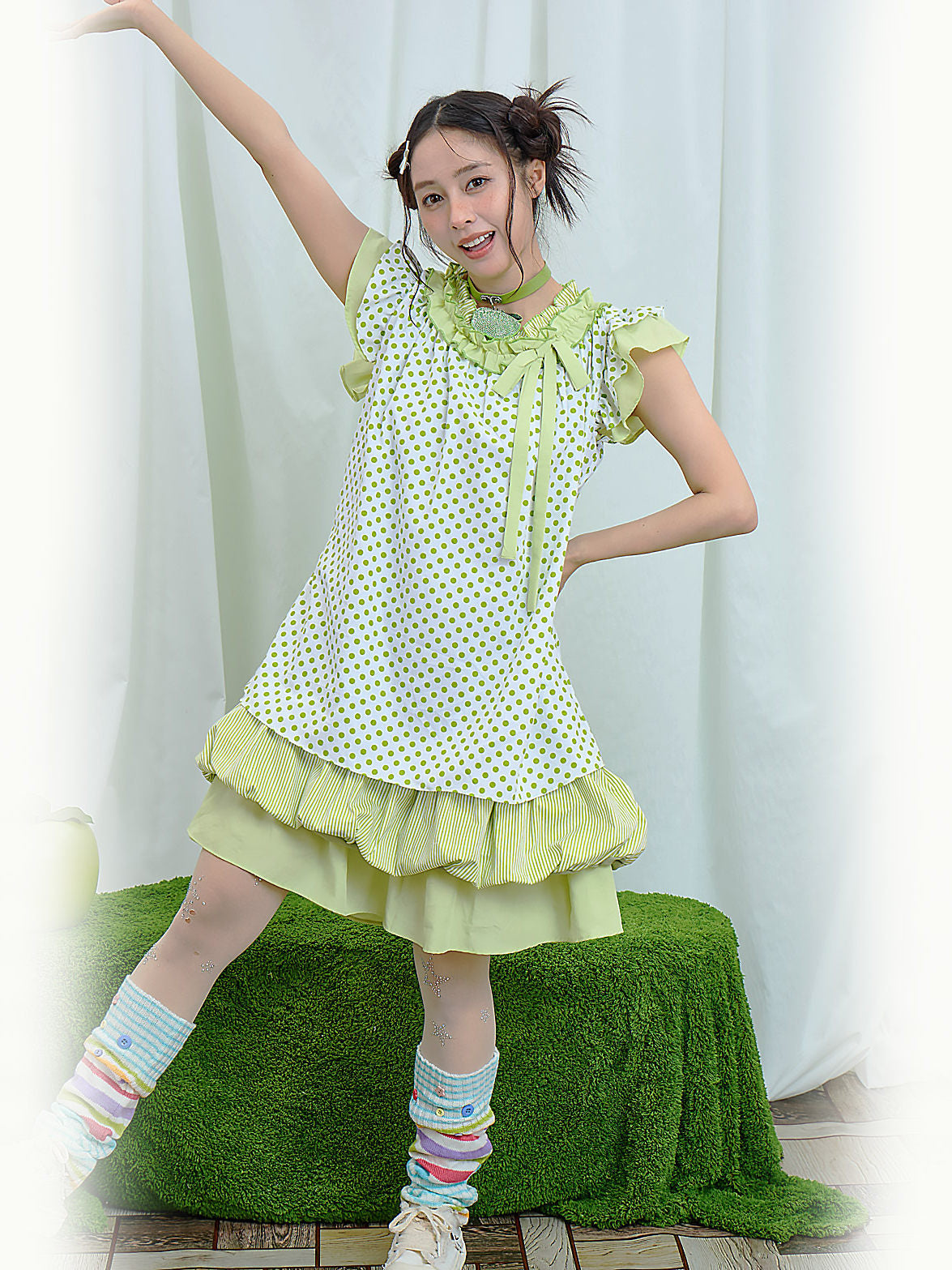 Moon Meadow - Green Polka Tiered Dress dress Moon Meadow