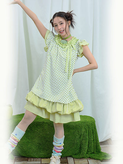 Moon Meadow - Green Polka Tiered Dress dress Moon Meadow