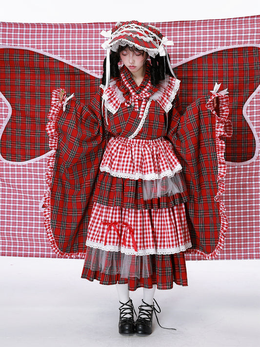 SOS MEME CLUB – Showa Red Plaid Modified Kimono Skirt skirt SOS MEME CLUB