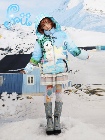 frufru Snow Farm Puffer Jacket | Harajuku Blue Snowman Down Coat