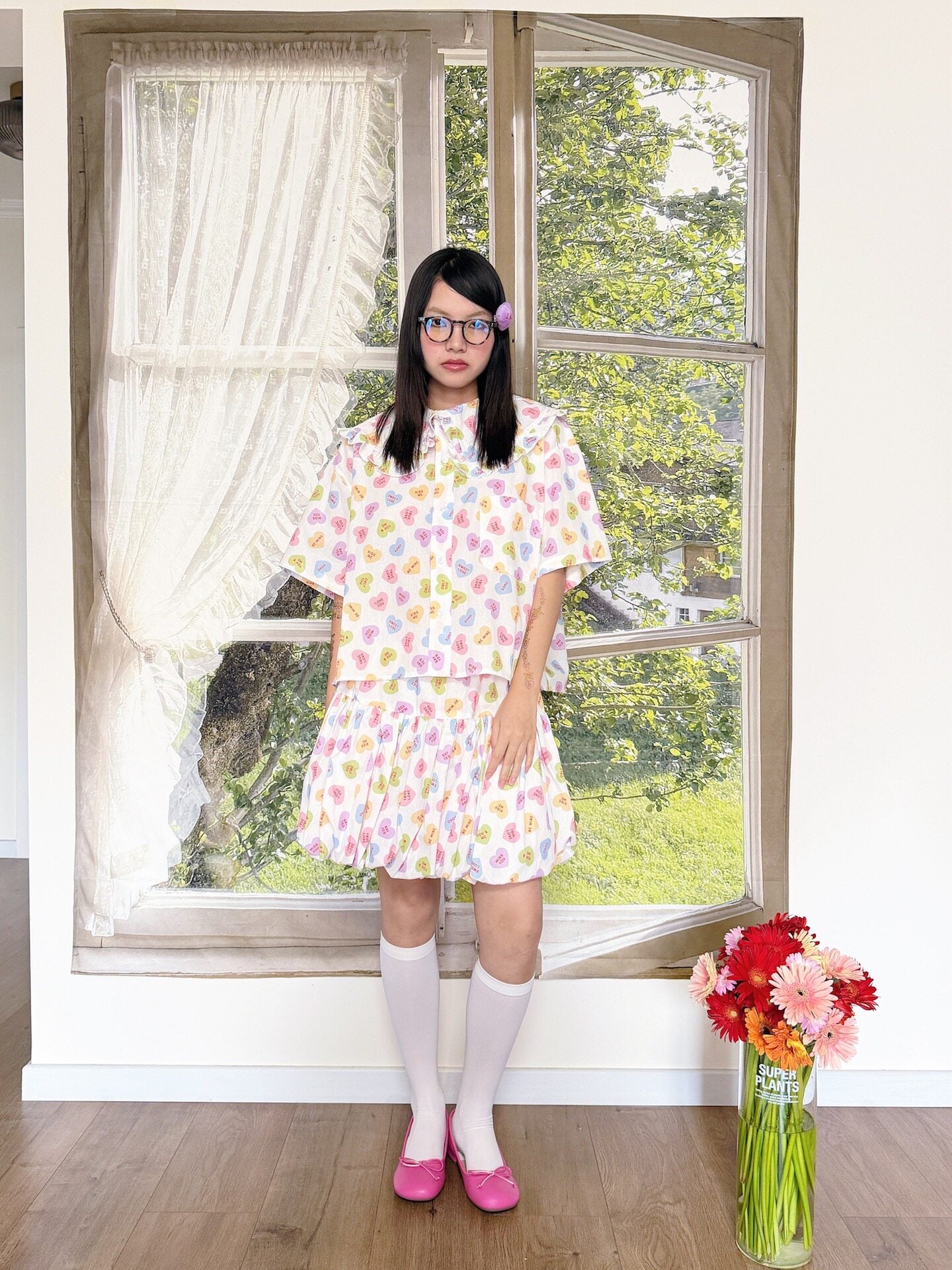 bunnybunnygun - Heart Print Collar Shirt shirt bunnybunnygun