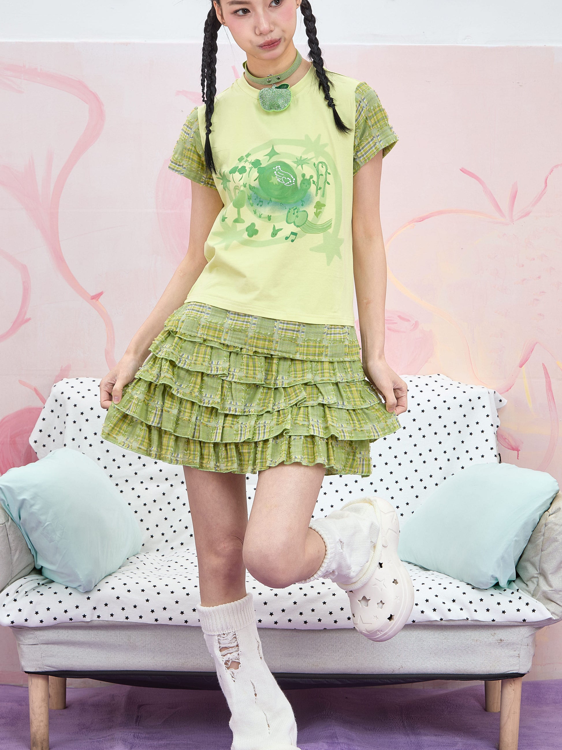 Moon Meadow - Y2K Cute Snail Print Green Contrast T-Shirt tshirt Moon Meadow