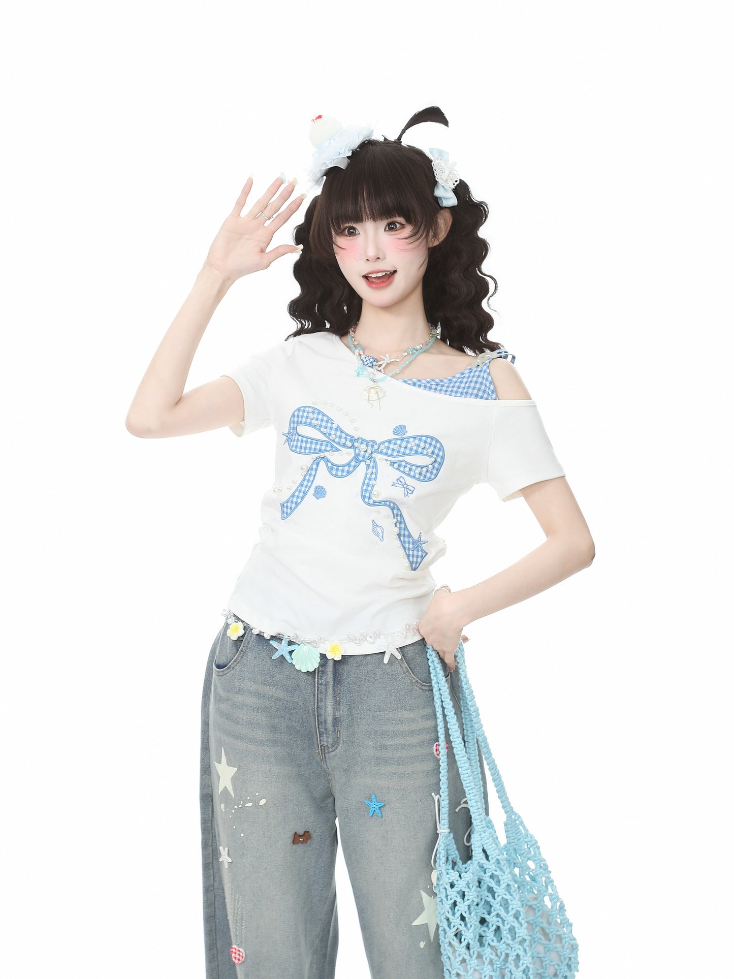 Languid Park - Plaid Rhinestone Off Shoulder Tee shirt Languid Park
