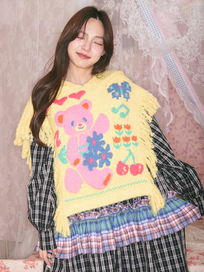 tntntutu - Dopamine Yellow Bear Knit Hooded Cape Kawaii Fringe Shoulder Poncho cape tntntutu