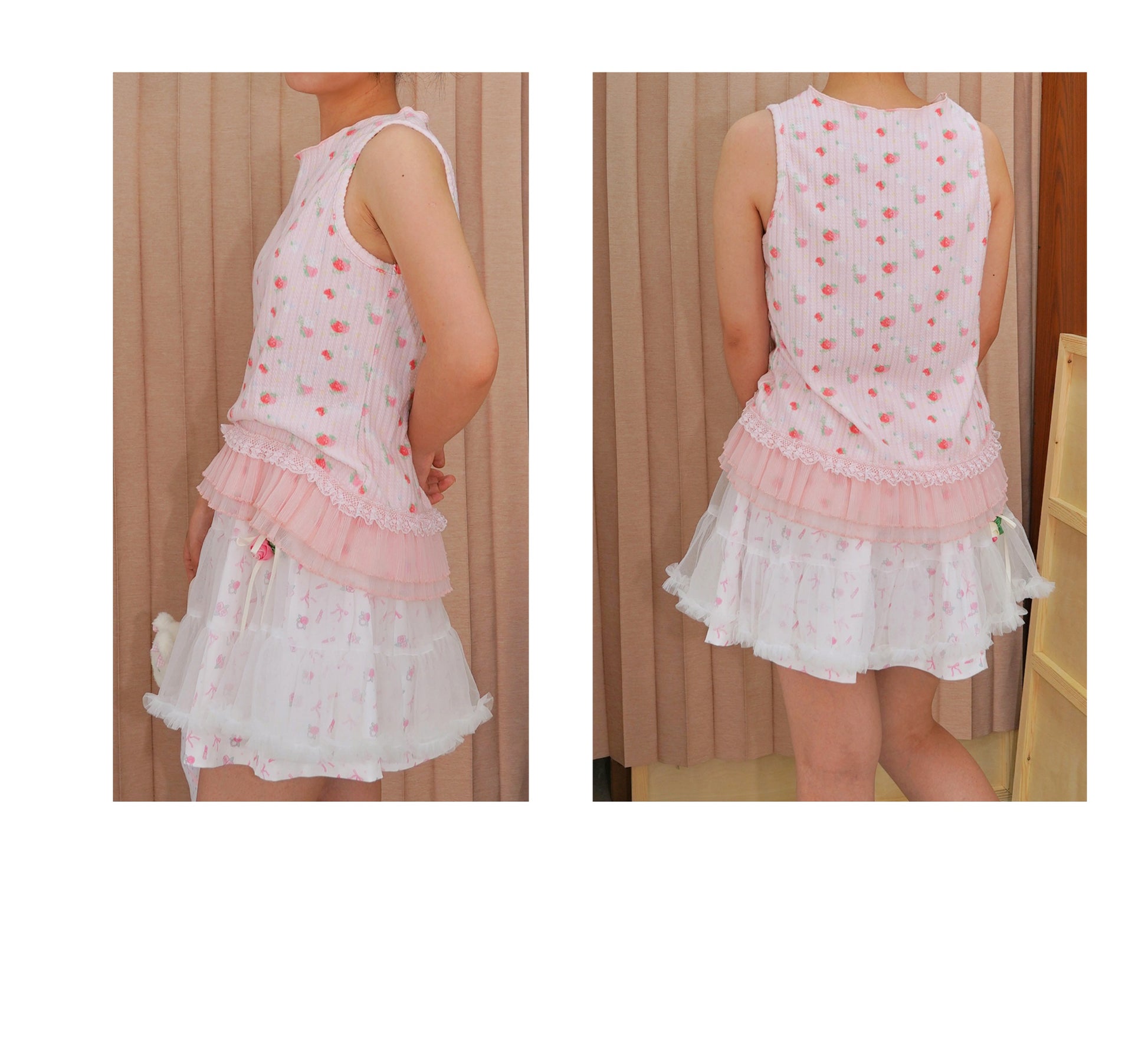 shishihshop Strawberry Frill Vest | Harajuku Layered Look Cotton Ruffle Tank Top vest shishihshop