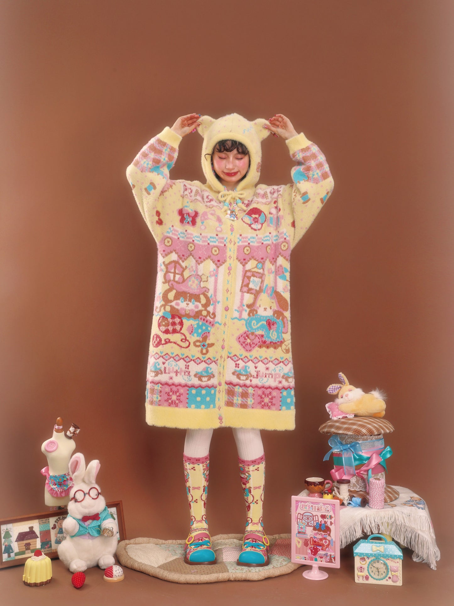 LutraJump - Decora Bear Hood Knit Cardigan dress Lutra Jump