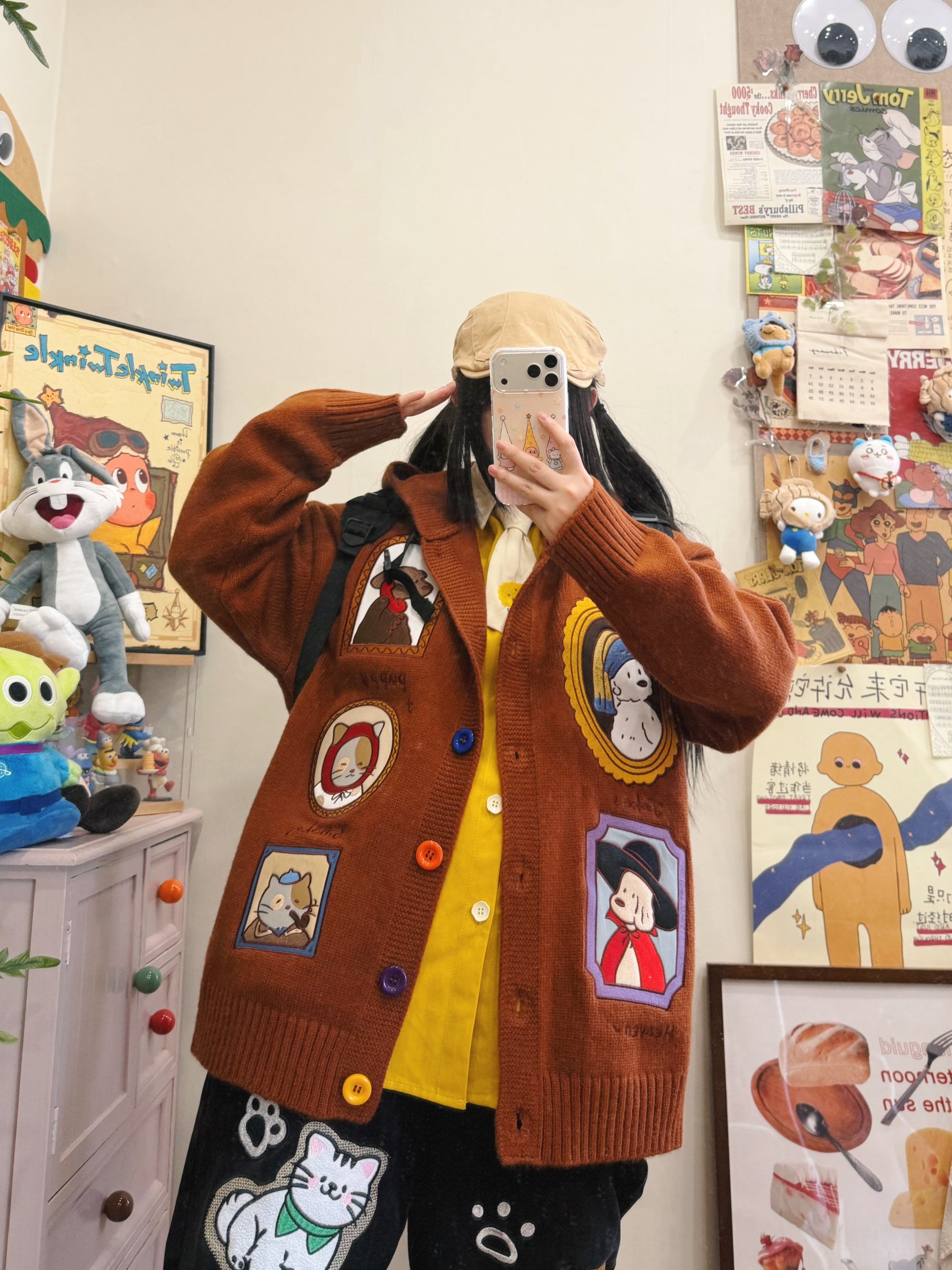 BIBULU - Kidcore Cartoon Embroidered Knit Cardigan Oversized Cozy cardigan BIBULU