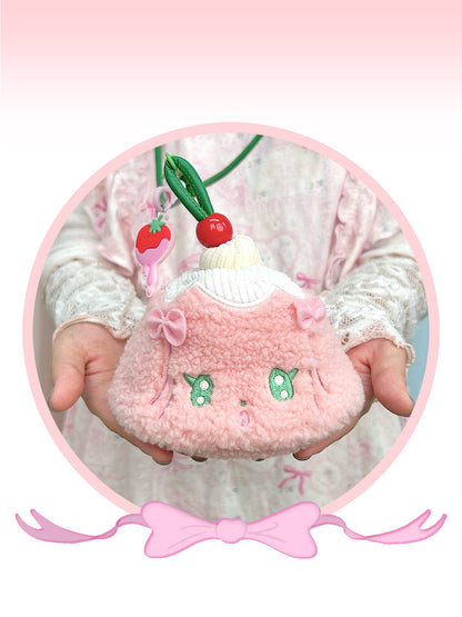 shishihshop - Pink Plush Strawberry Pudding Pouch bag shishihshop
