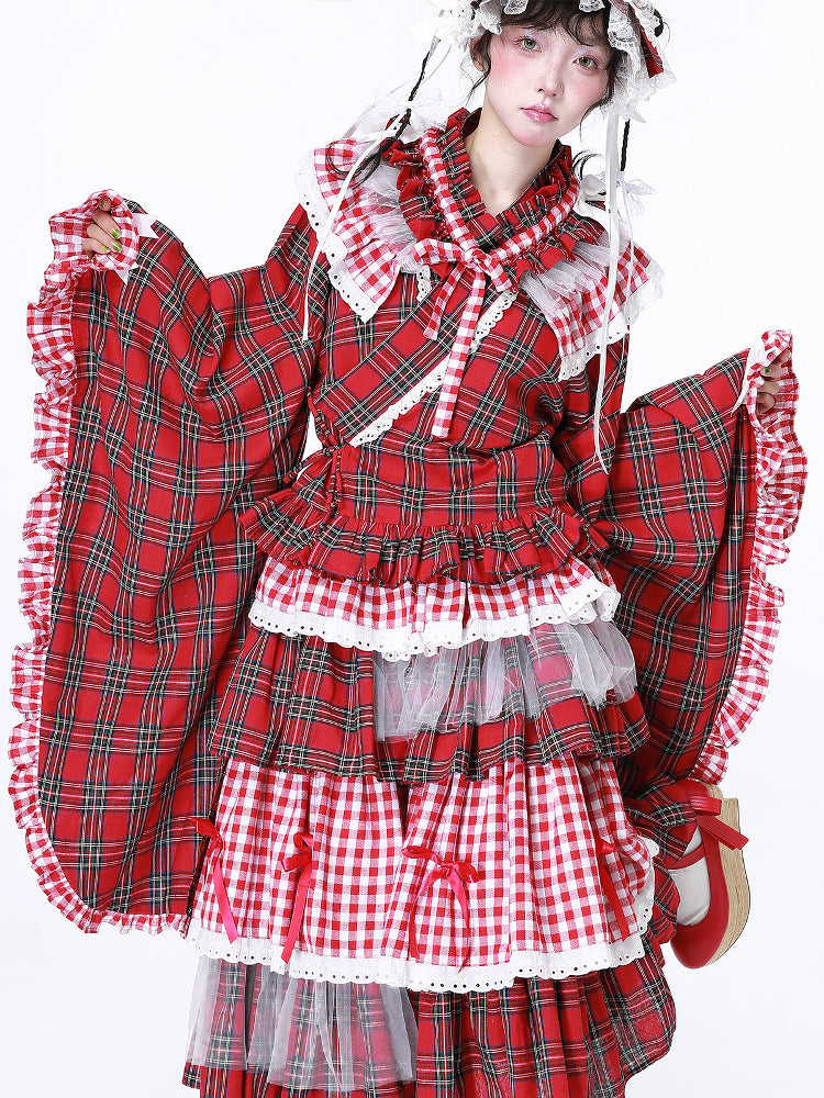 SOS MEME CLUB – Showa Retro Red Plaid Kimono Blouse blouse SOS MEME CLUB