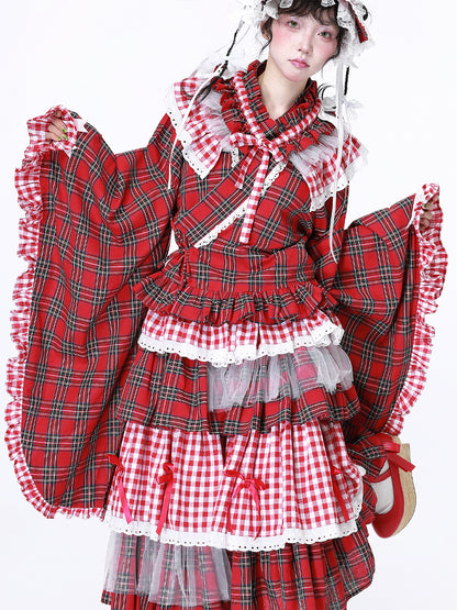 SOS MEME CLUB – Showa Retro Red Plaid Kimono Blouse blouse SOS MEME CLUB