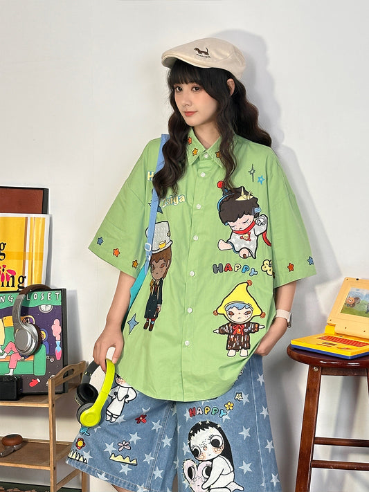 Green Cartoon Embroidered Shirt shirt soldout