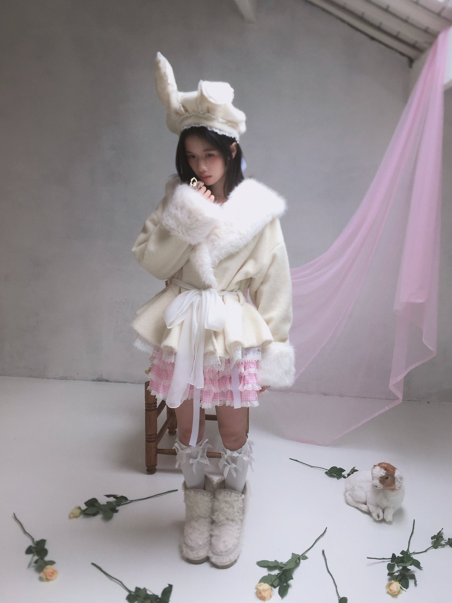 Daytoday Everyday Institute - Kawaii Lace Beret Wire Bunny Ears Cream hat daytoday everyday institute