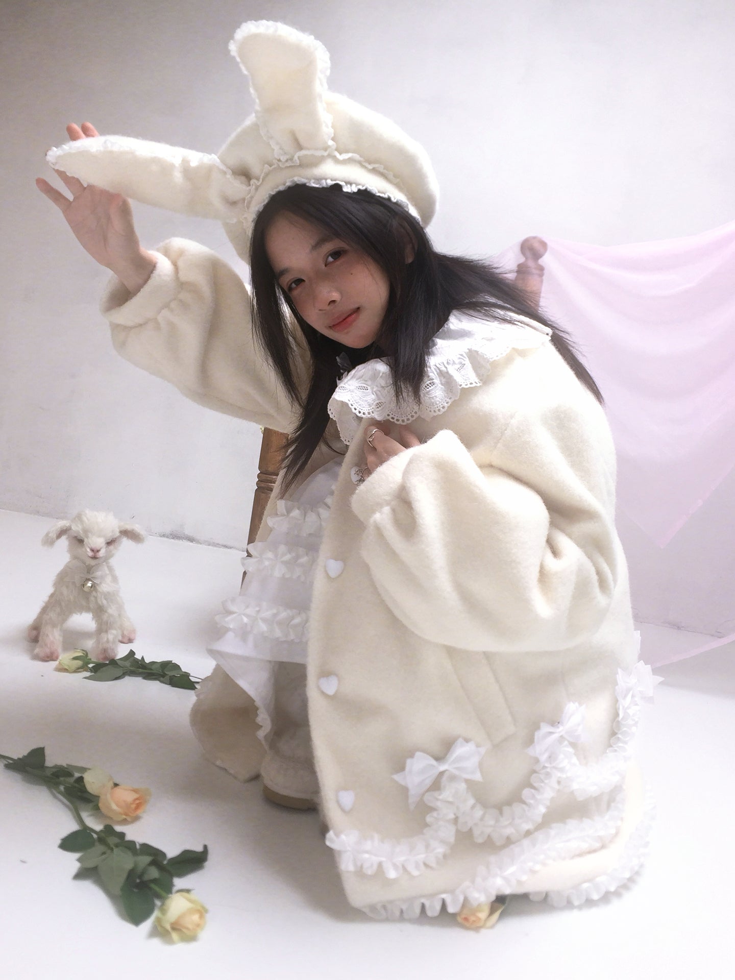 Daytoday Everyday Institute - Girly Wool Look Coat Cream Lace Puff Sleeve coat daytoday everyday institute