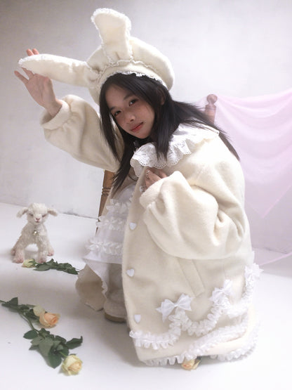 Daytoday Everyday Institute - Girly Wool Look Coat Cream Lace Puff Sleeve coat daytoday everyday institute