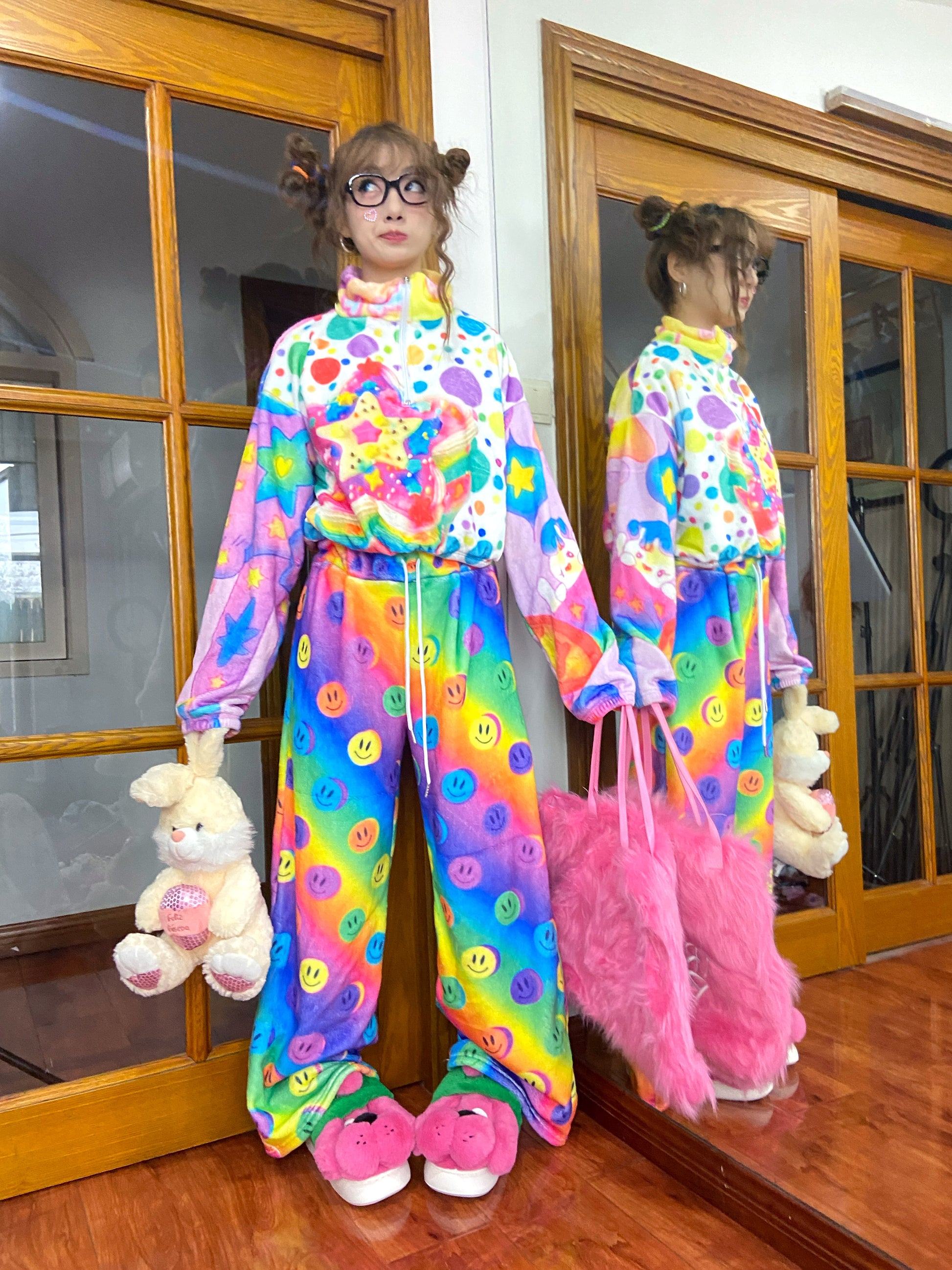 LERROO - Decora Kei Smiley Face Fleece Pants pants Leerroo