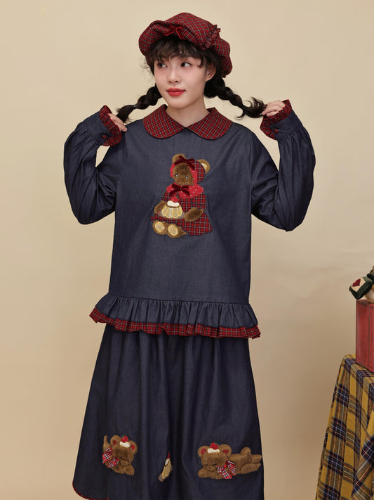 SemenCoicis - Kawaii Denim Shirt Plaid Lace Pudding Bear blouse SemenCoicis