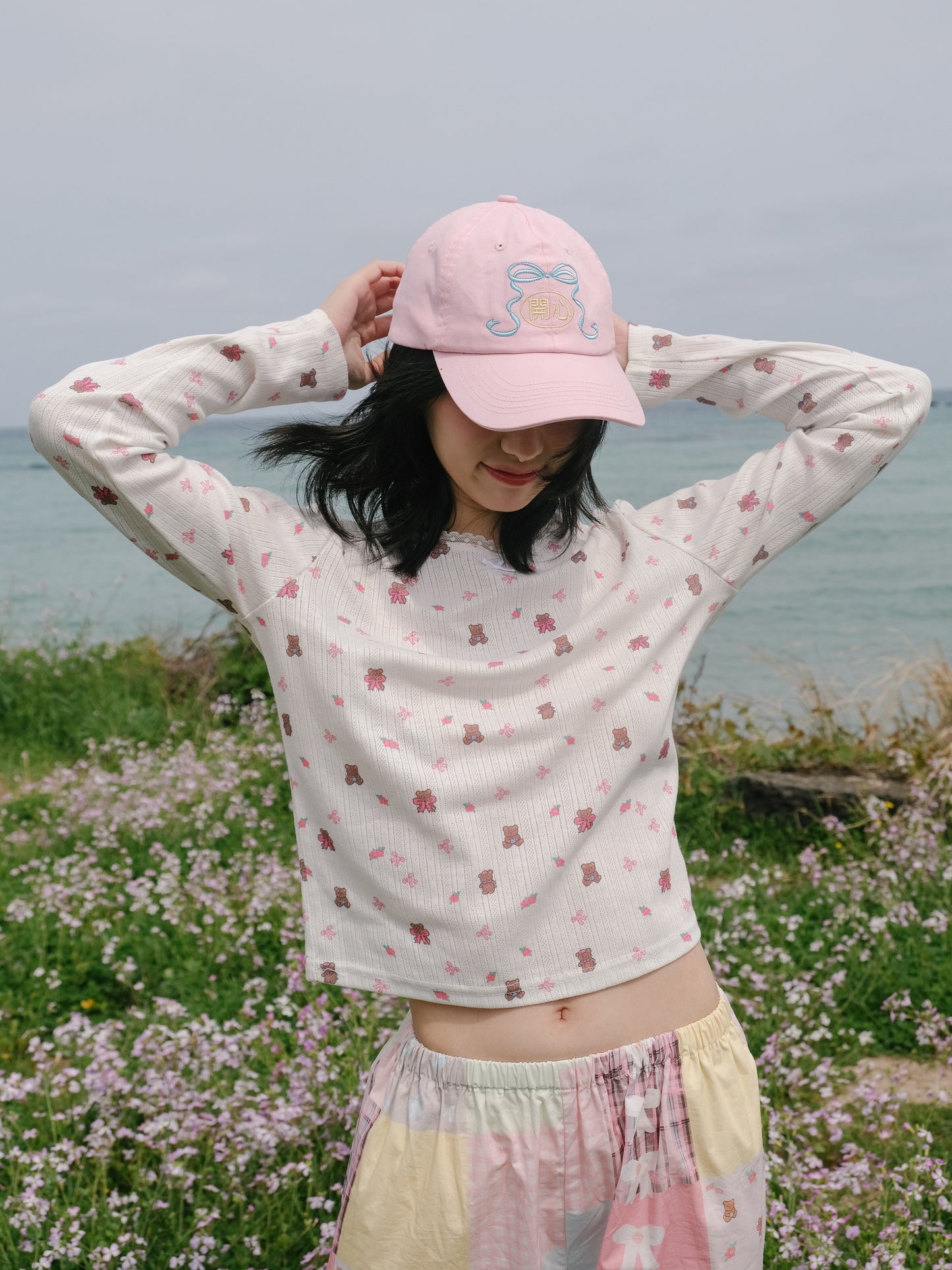 KaiXin Hostel Summer Bow Happy Embroidery Pink Sun Hat Soft Top Baseball Cap