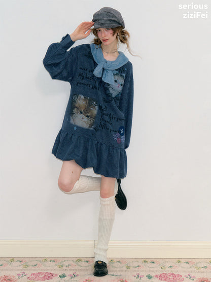 ziziFei - Navy Cat Print Bow Collar Knit Dress dress ziziFei