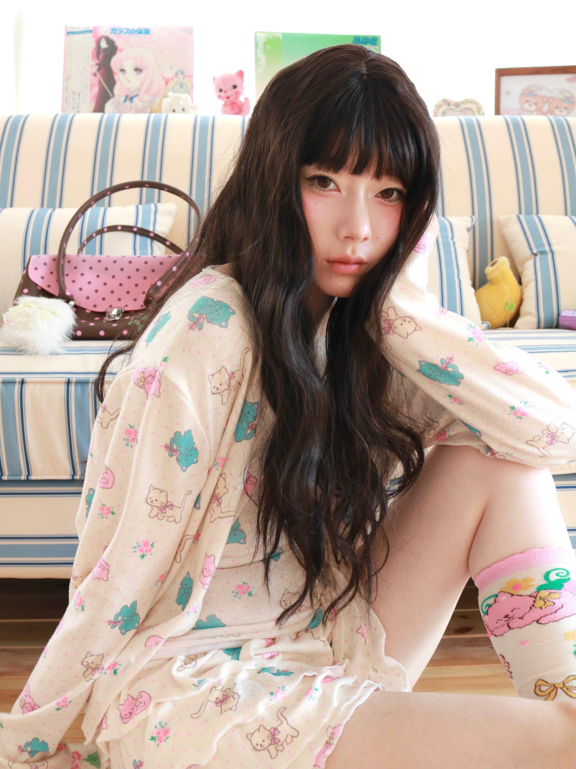 KaiXin Hostel - Cat Rose Print Cardigan Set set KaiXin hostel