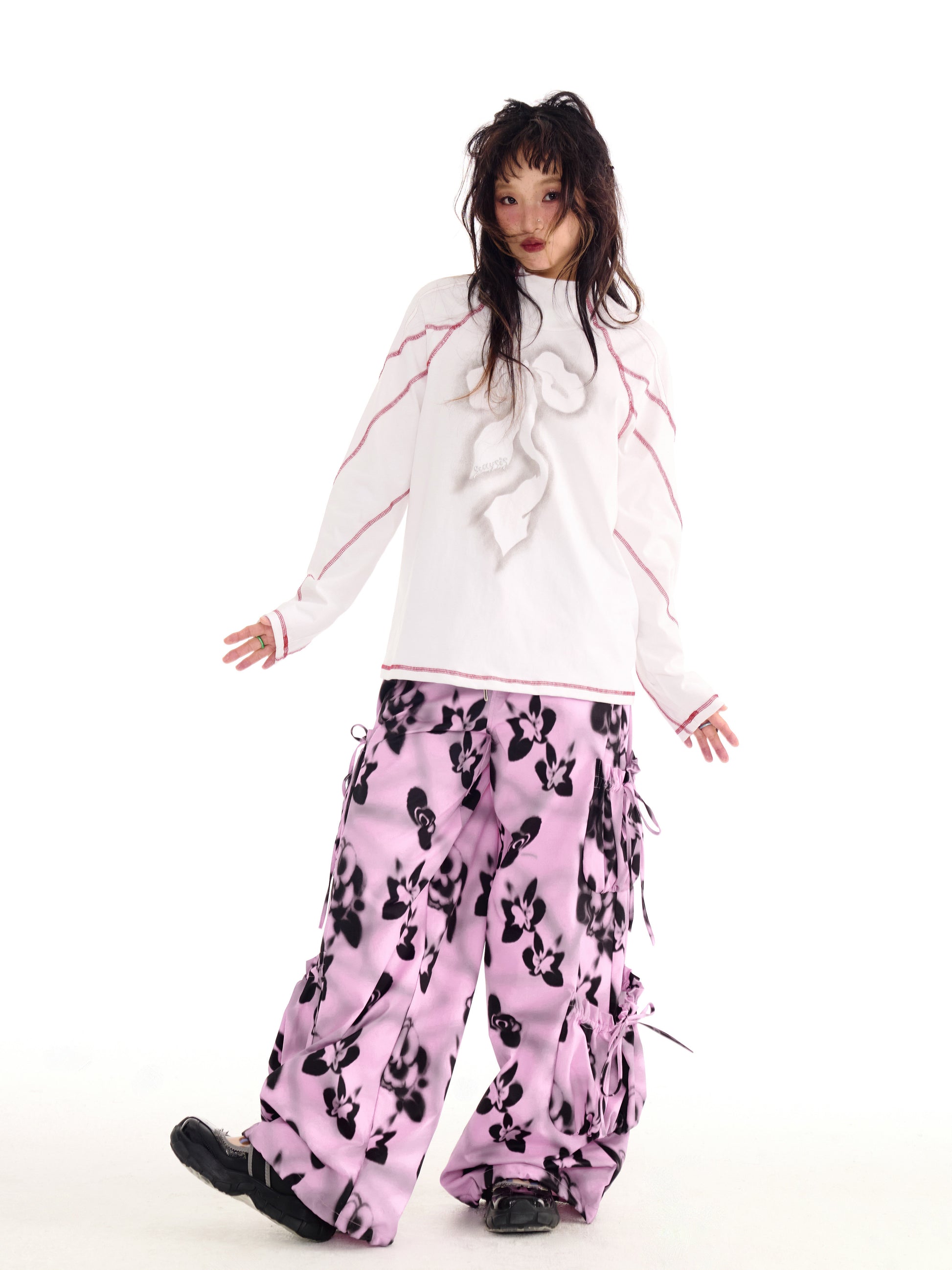 sillysis - Black Pink Floral Cargo Wide-Leg Pants pants sillysis