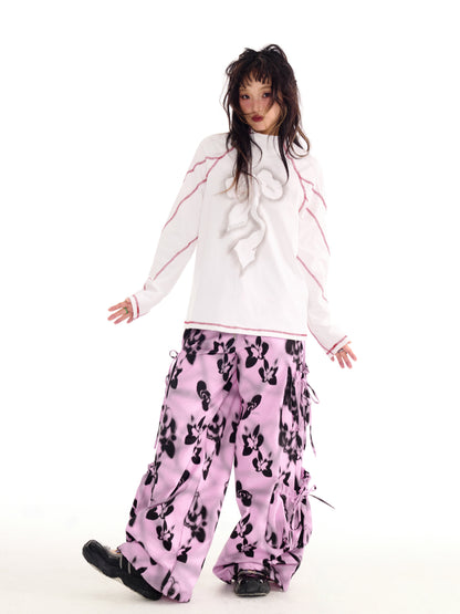sillysis - Black Pink Floral Cargo Wide-Leg Pants pants sillysis