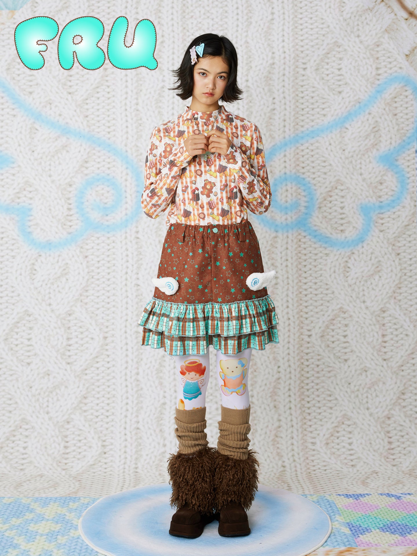 frufru - Kawaii Corduroy Skirt Brown Wing Design Skirt skirt frufru