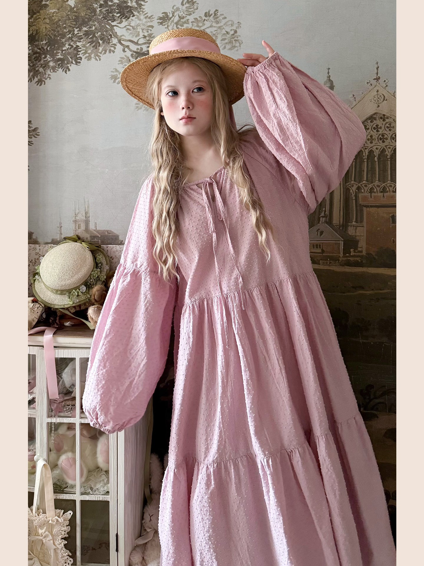 Labeau - Kawaii Polka Dot Tie Waist Puff Sleeve Midi Dress