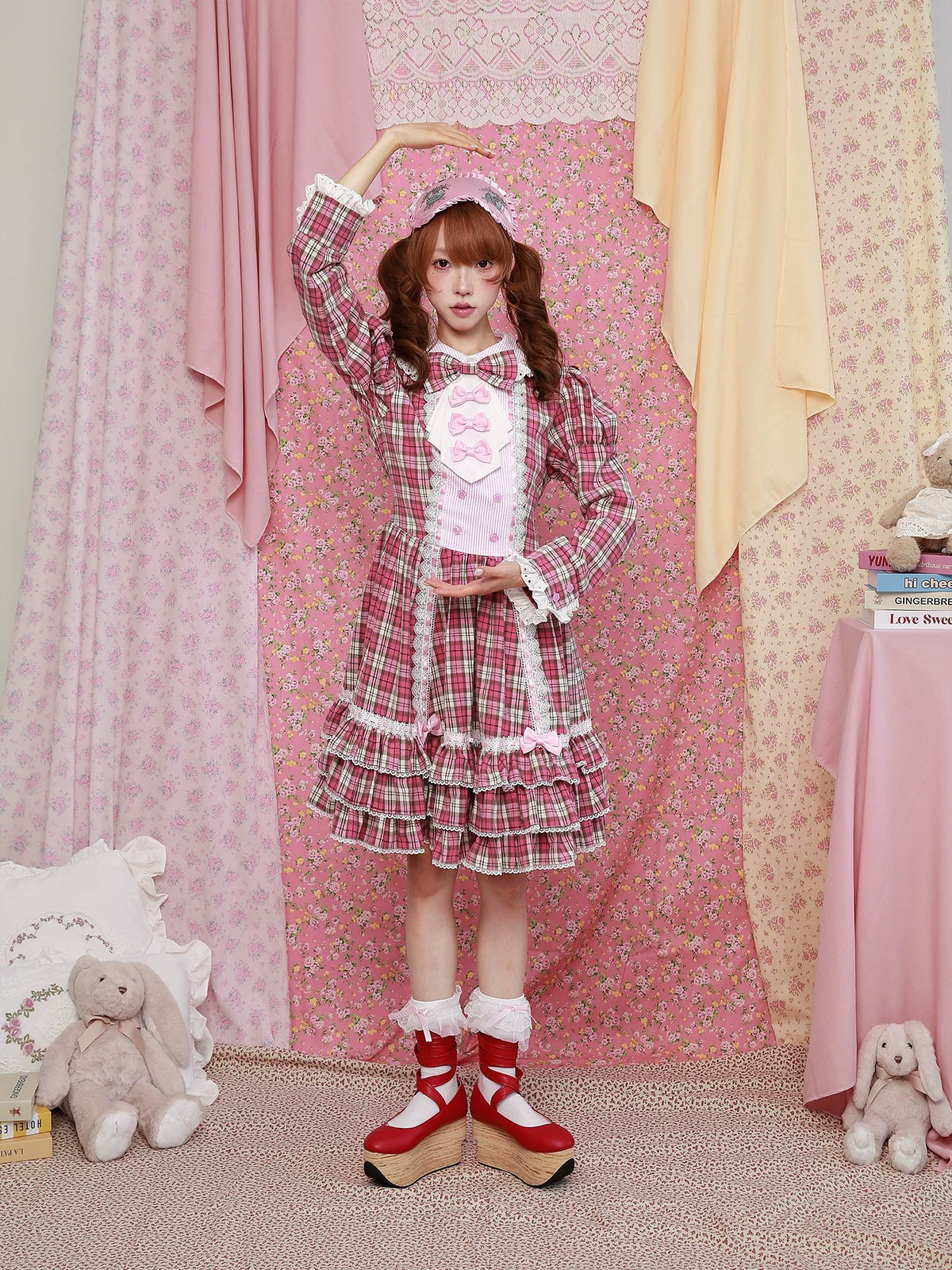 SOS MEME CLUB - Pink Plaid Retro Dress Lolita Fashion Dress dress SOS MEME CLUB