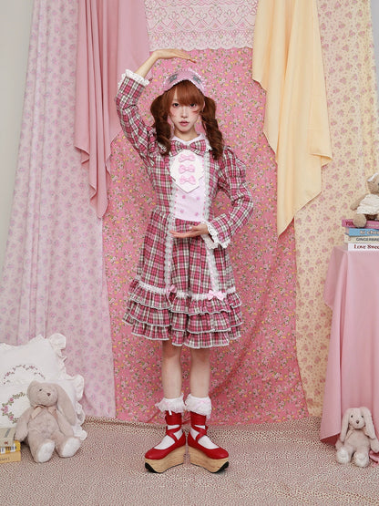 SOS MEME CLUB - Pink Plaid Retro Dress Lolita Fashion Dress dress SOS MEME CLUB