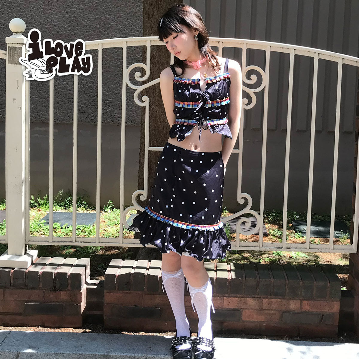 LovePlay – Girly Black Polka Dot Contrast Trim Cami Top & Skirt Set set loveplay