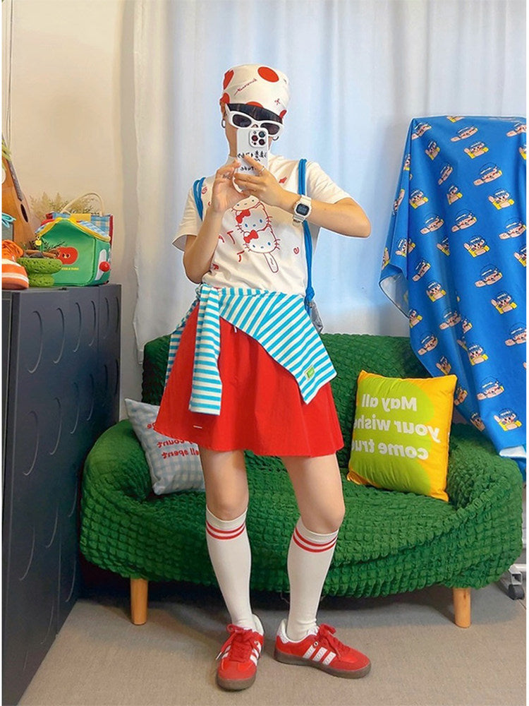 KURIOSITAET - Decora Kei Red Mini Skirt with Built-in Shorts skirt KURIOSITAET