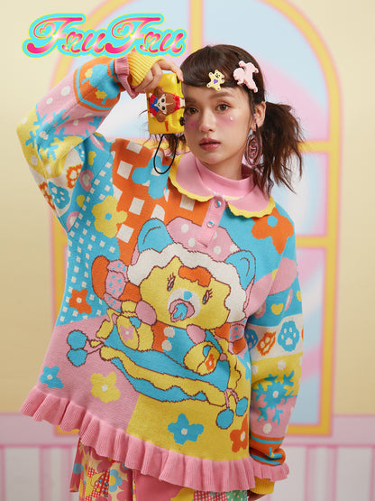 Frufru Vintage Doll Collar Knit Sweater | Colorblock Loose Fit Pullover sweater Land Decora