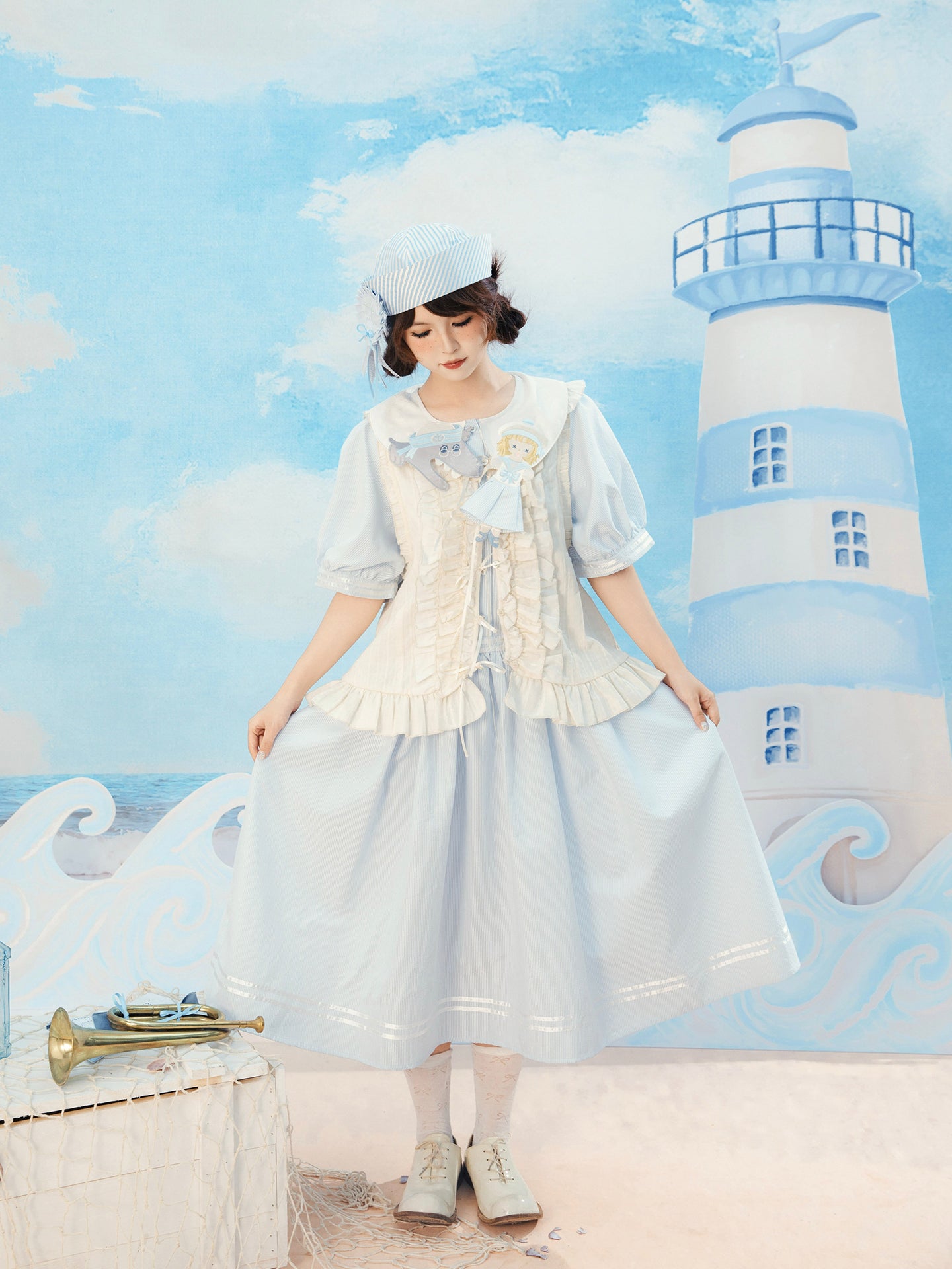 Meugler - Kawaii Dress Blue White Stripes dress Meugler