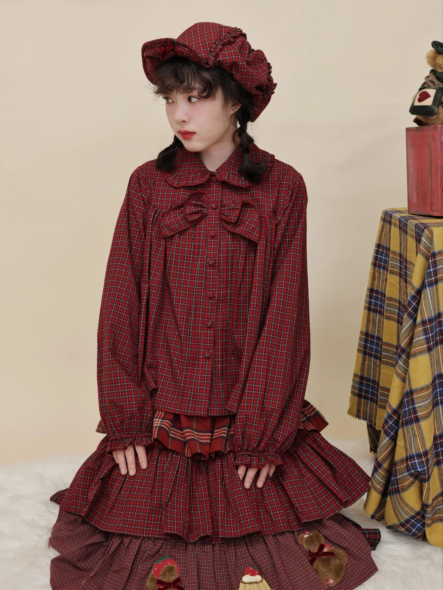 SemenCoicis - Kawaii Blouse Red Plaid Lace Bow Loose Fit shirt SemenCoicis