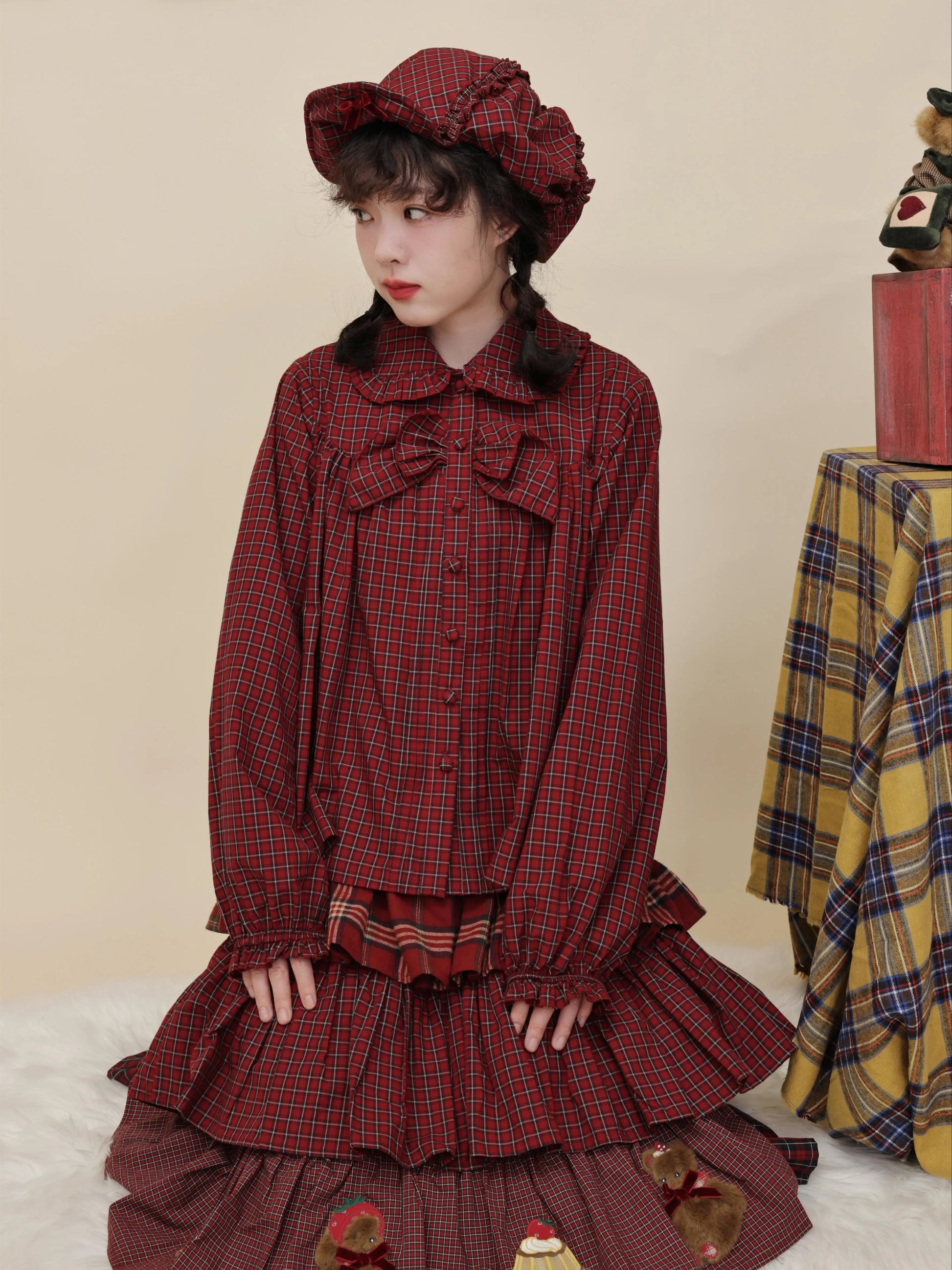 SemenCoicis - Kawaii Blouse Red Plaid Lace Bow Loose Fit shirt SemenCoicis